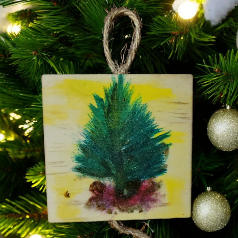 Anna's Creations Handcrafted Square Painted Wood Hanging Ornament Christmas Tree